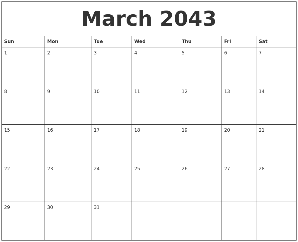 March 2043 Birthday Calendar Template