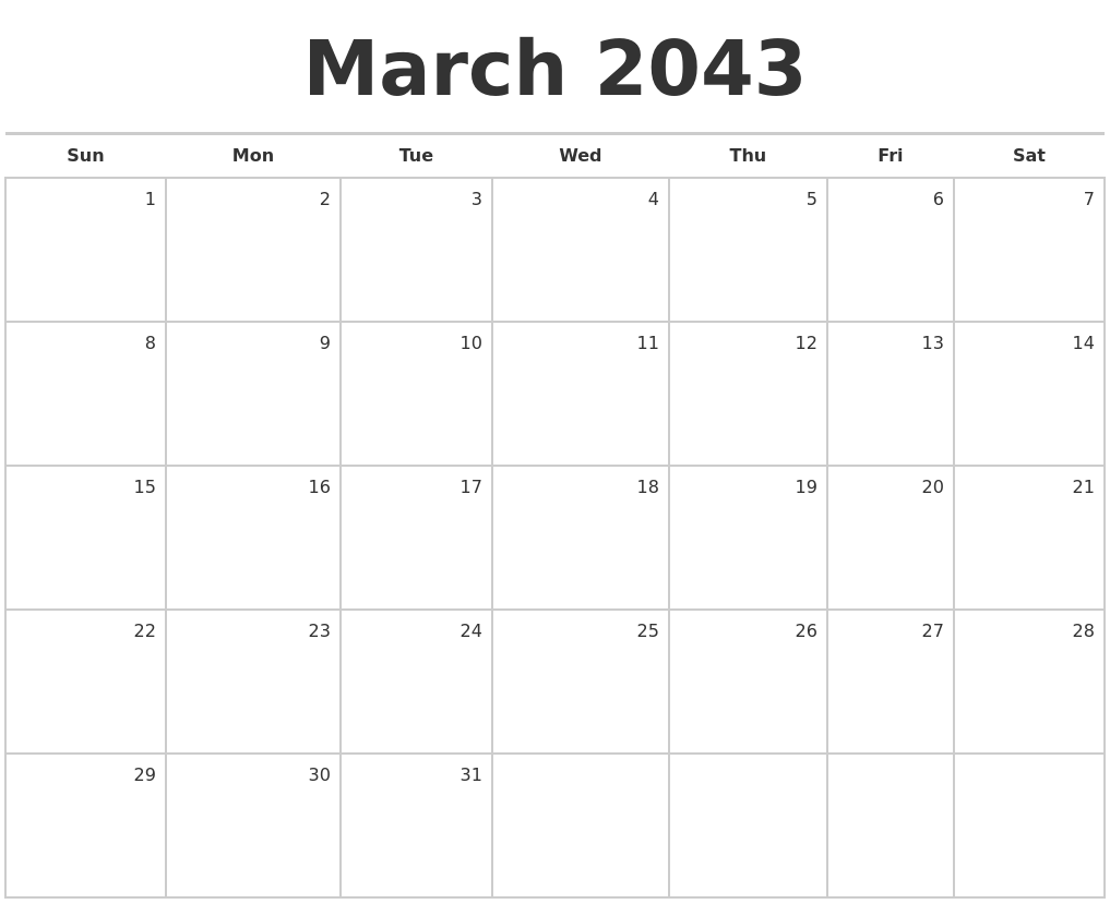 March 2043 Blank Monthly Calendar