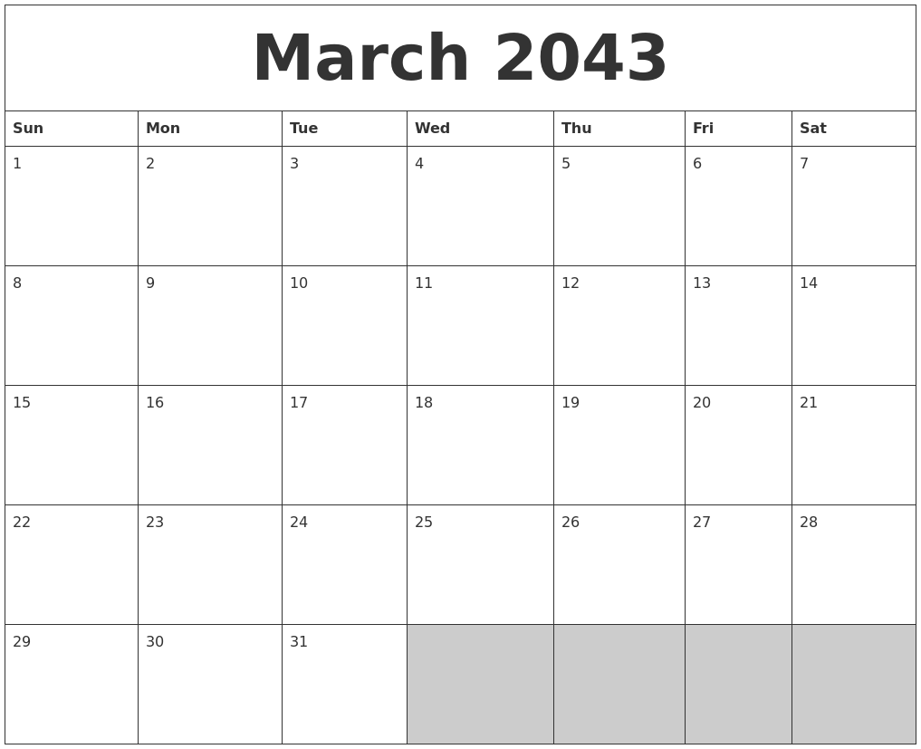 March 2043 Blank Printable Calendar