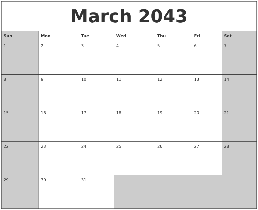 March 2043 Calanders