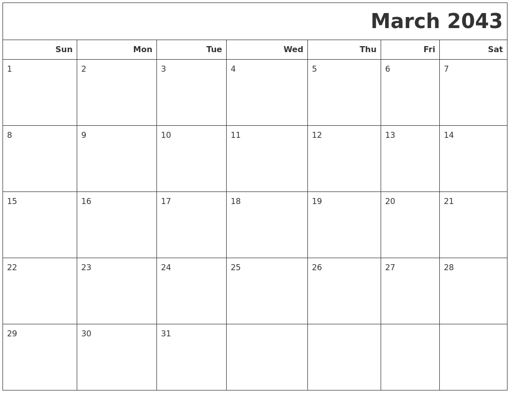 March 2043 Calendars To Print
