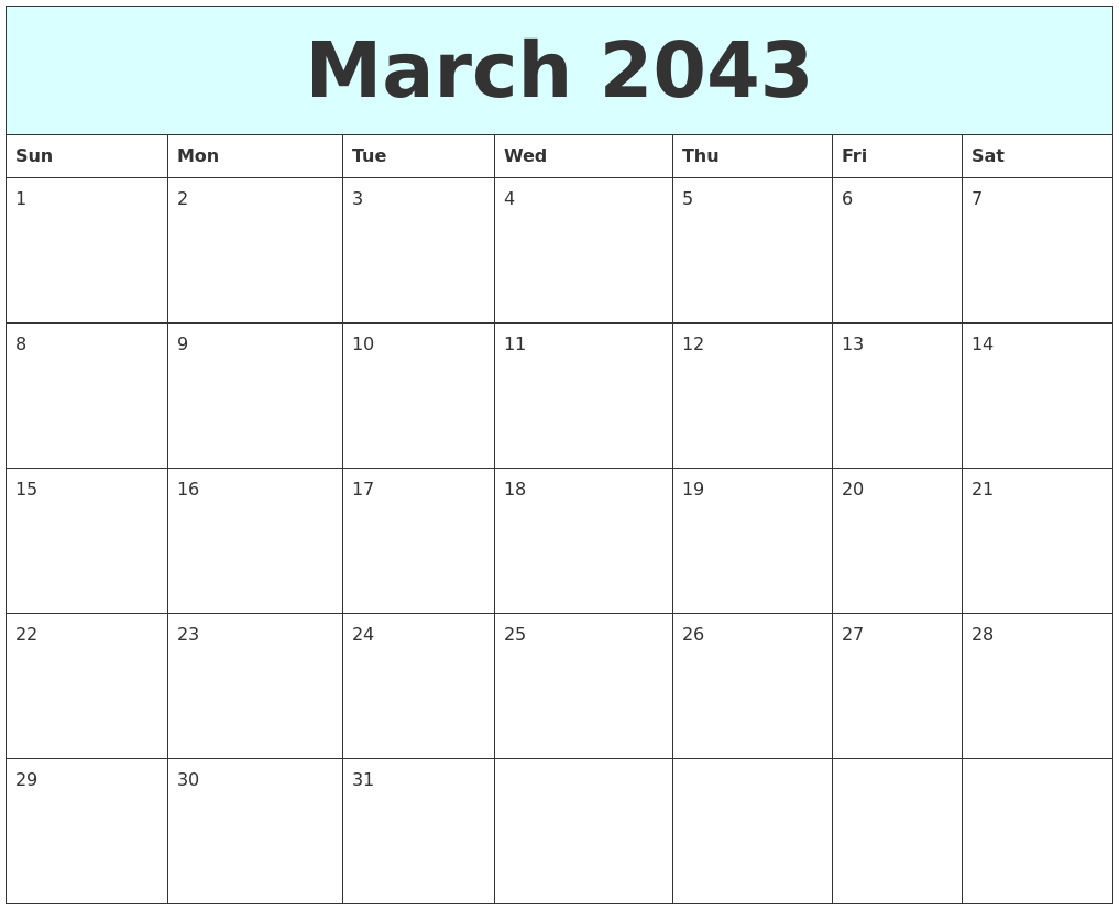 March 2043 Free Calendar