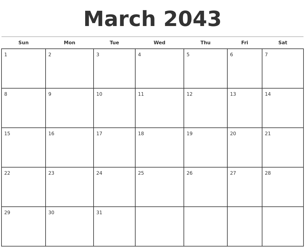 March 2043 Monthly Calendar Template