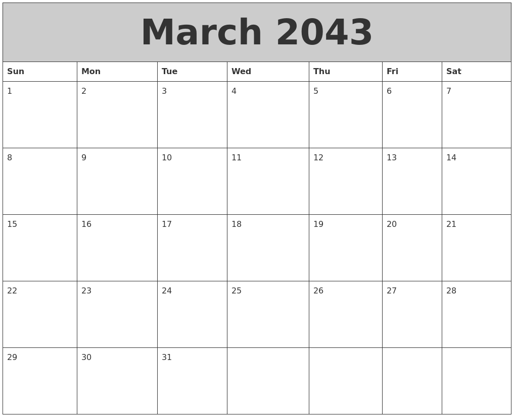 March 2043 My Calendar
