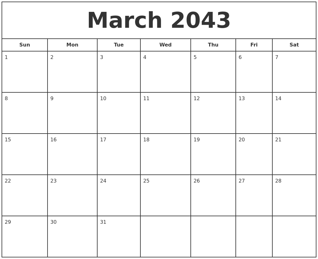March 2043 Print Free Calendar