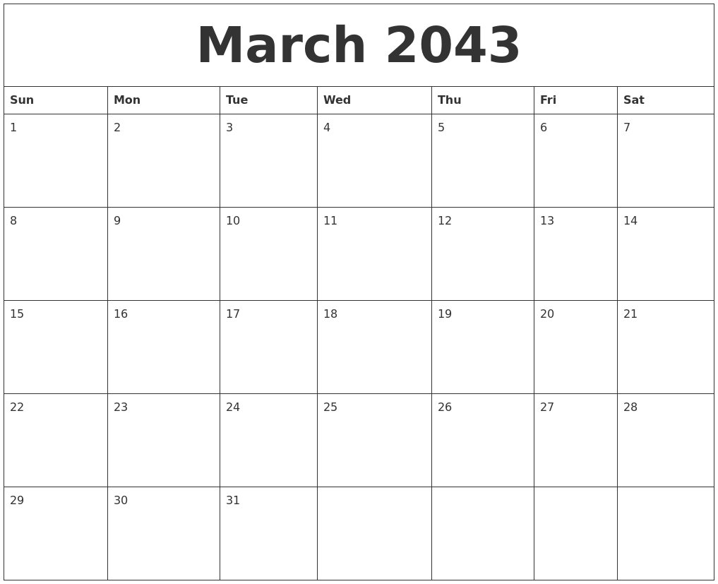 March 2043 Print Online Calendar