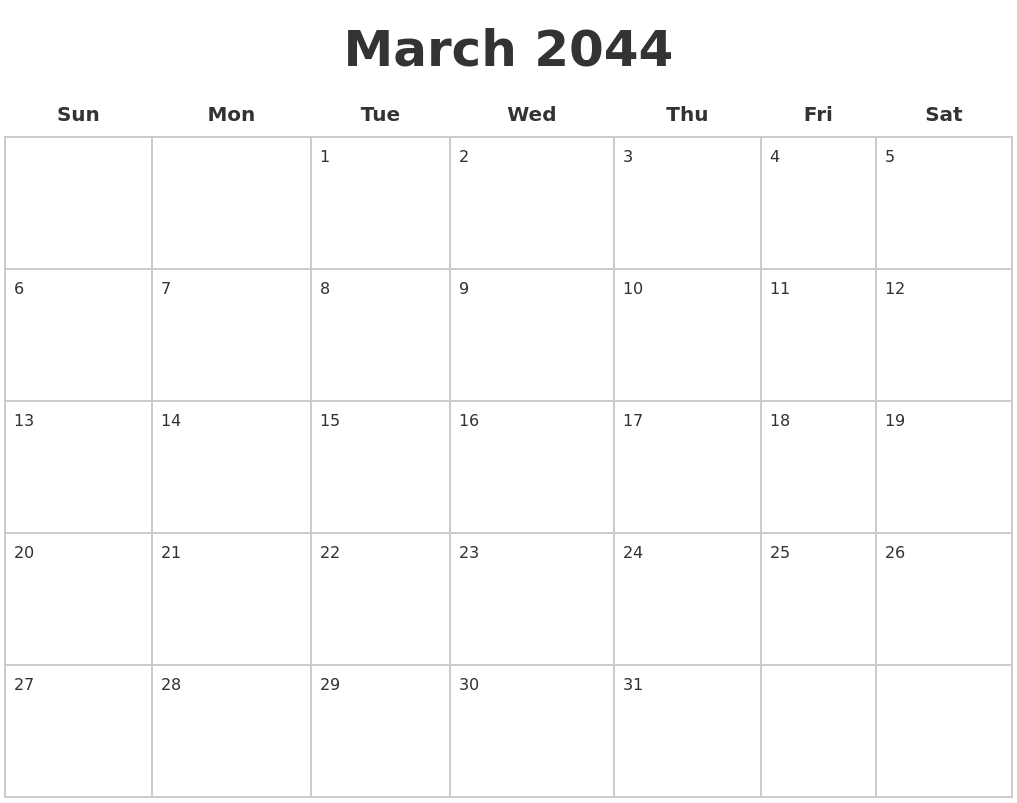 March 2044 Blank Calendar Pages