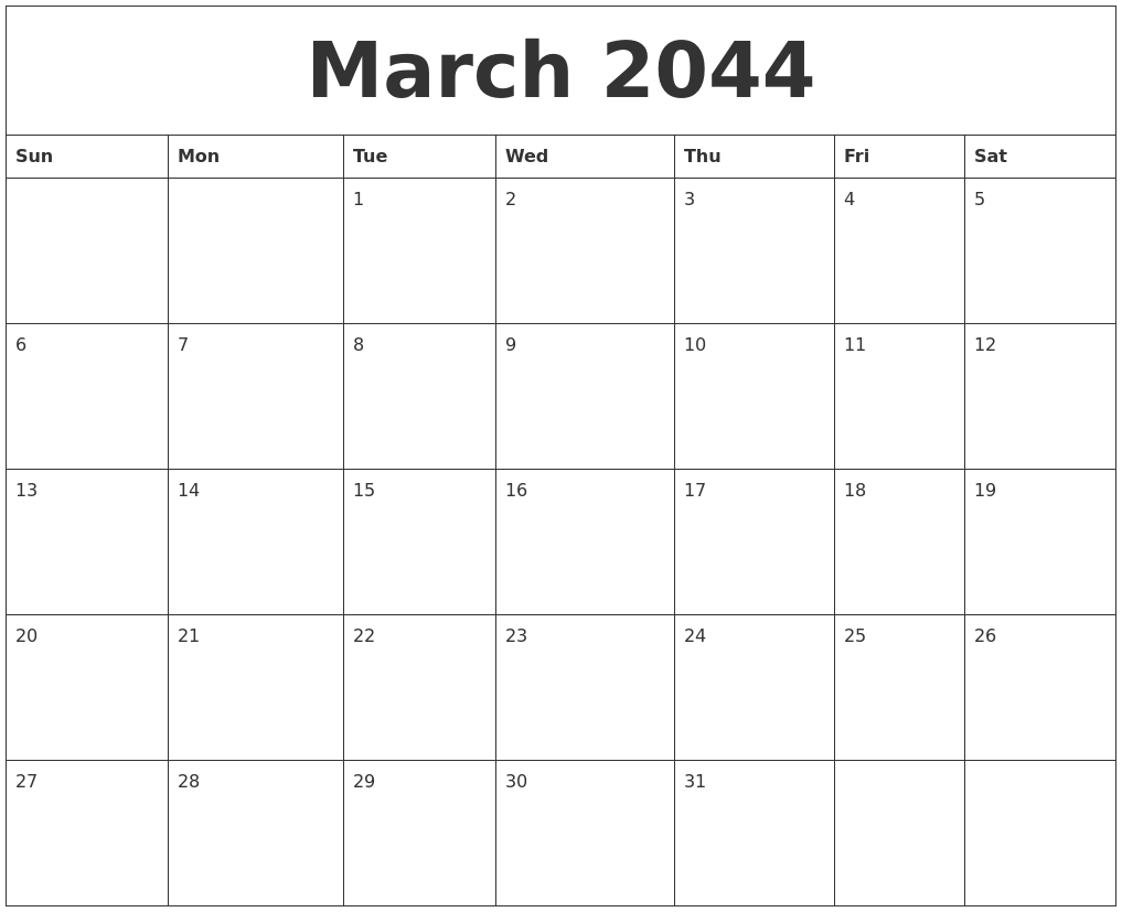 March 2044 Calendar Layout