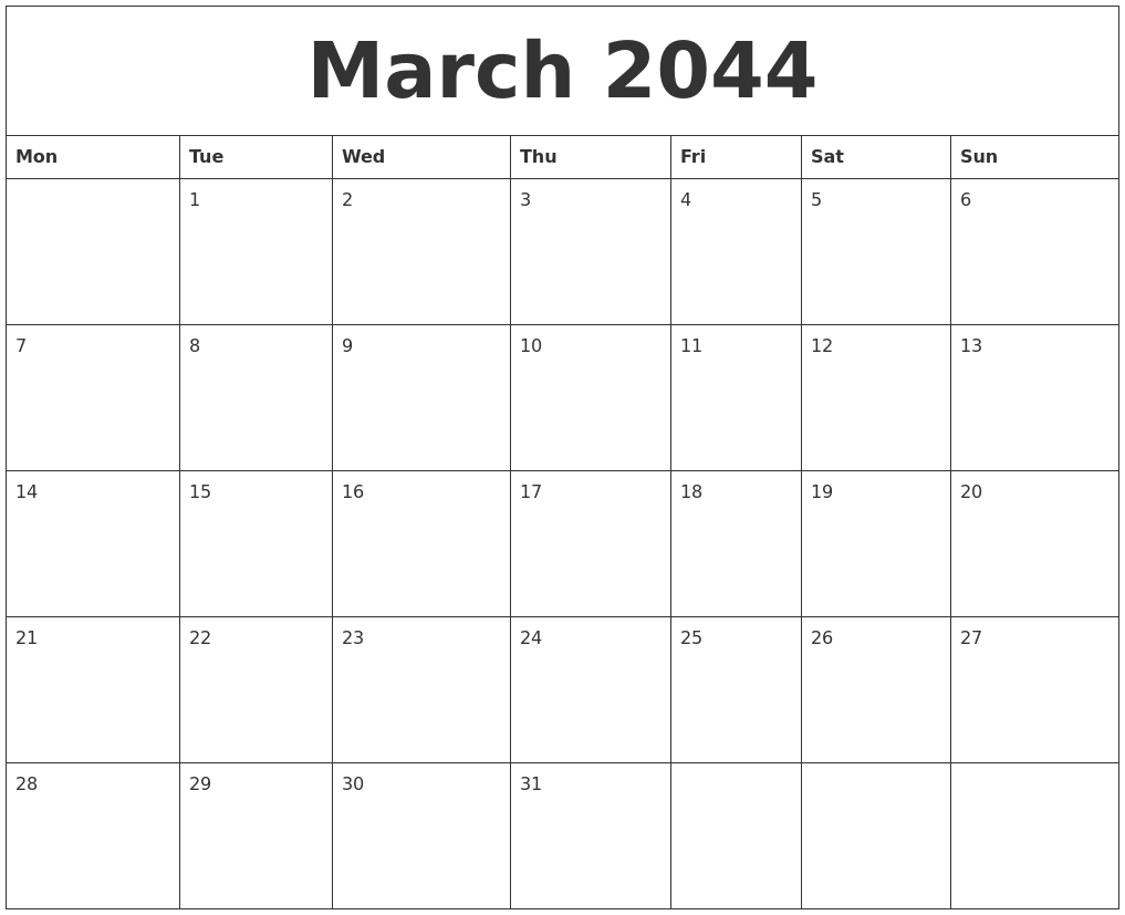 March 2044 Calendar Month