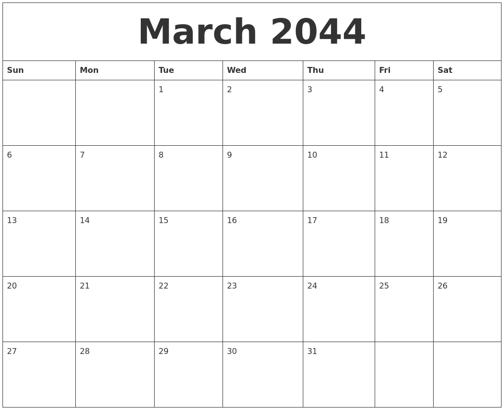 March 2044 Calendar Monthly