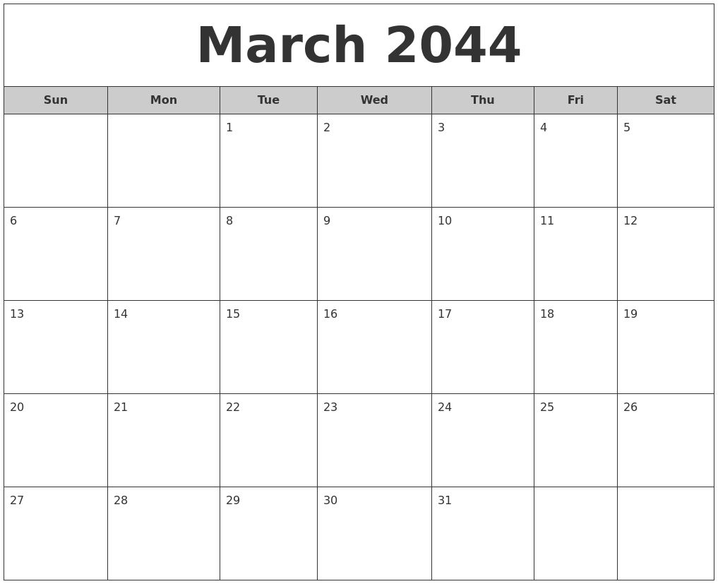 March 2044 Free Monthly Calendar
