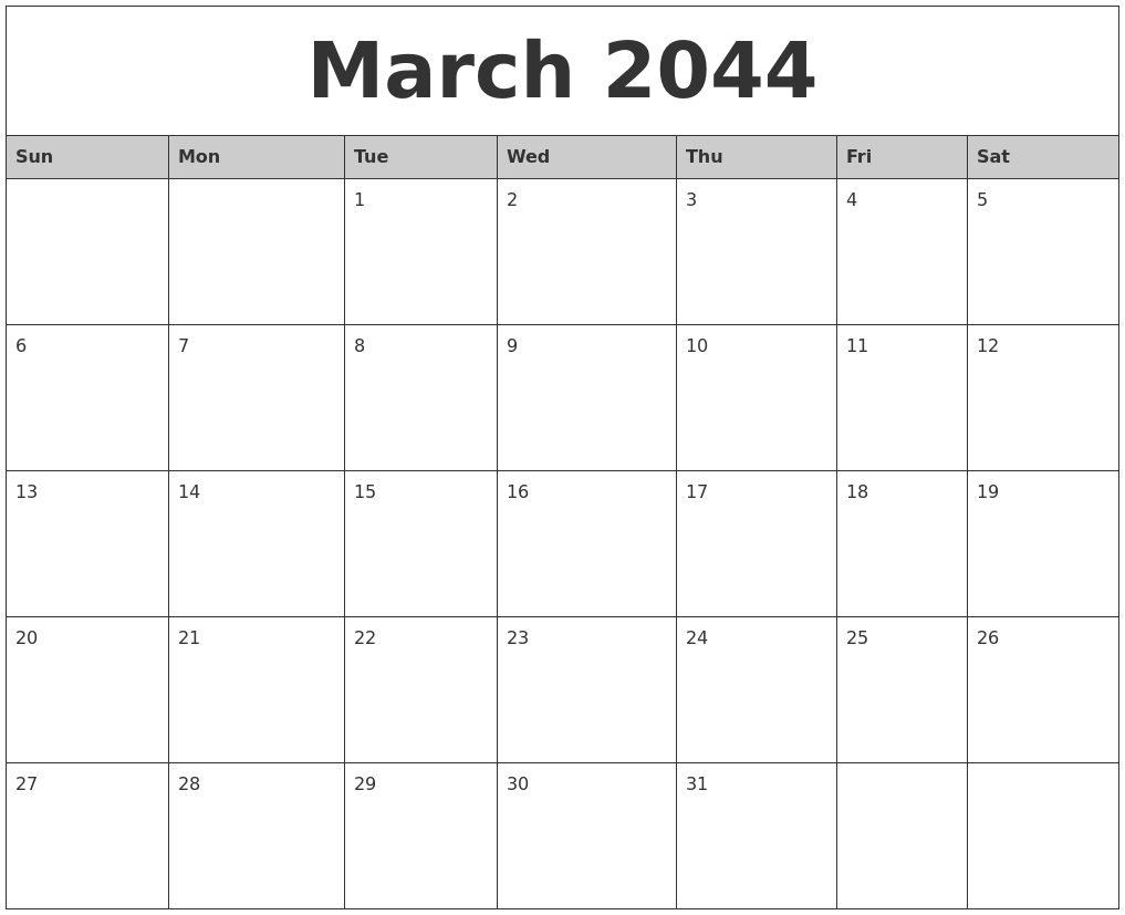 March 2044 Monthly Calendar Printable