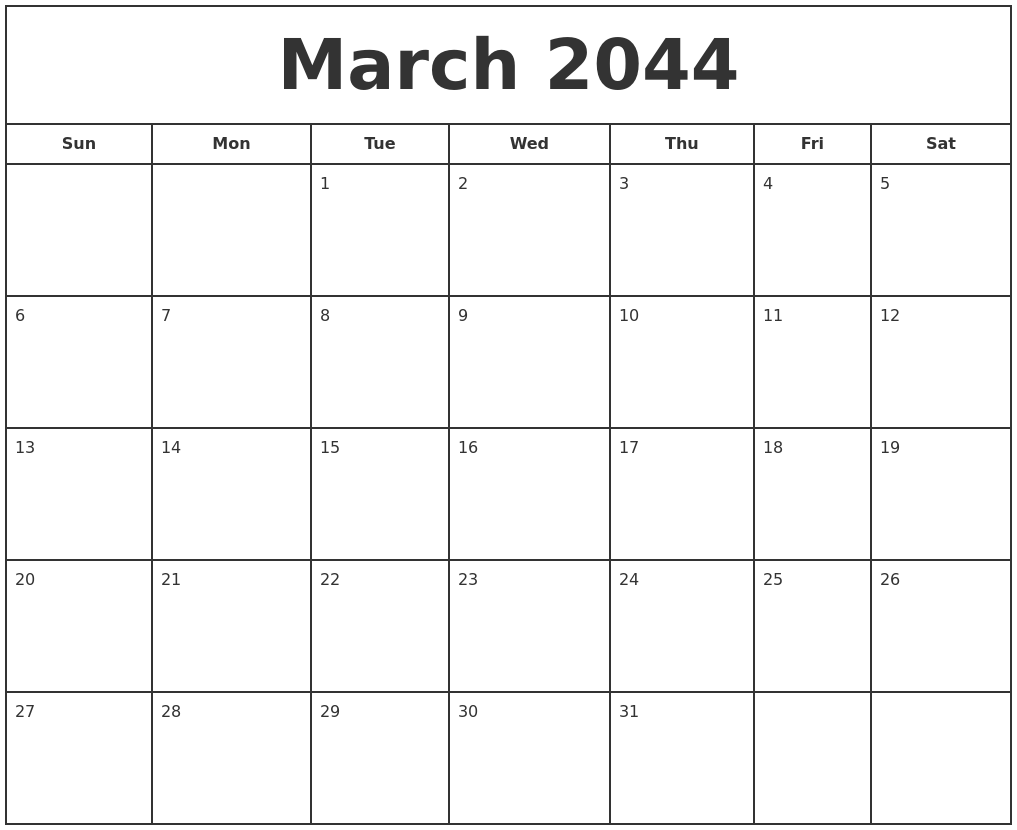 March 2044 Print Free Calendar