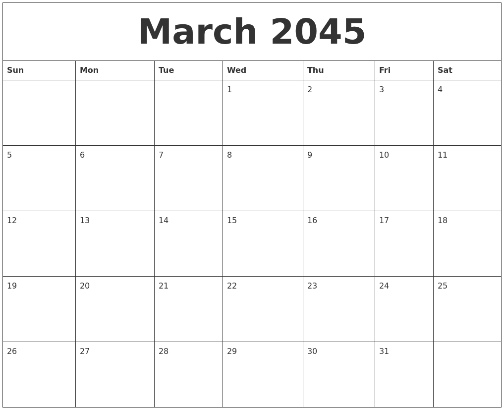 March 2045 Birthday Calendar Template