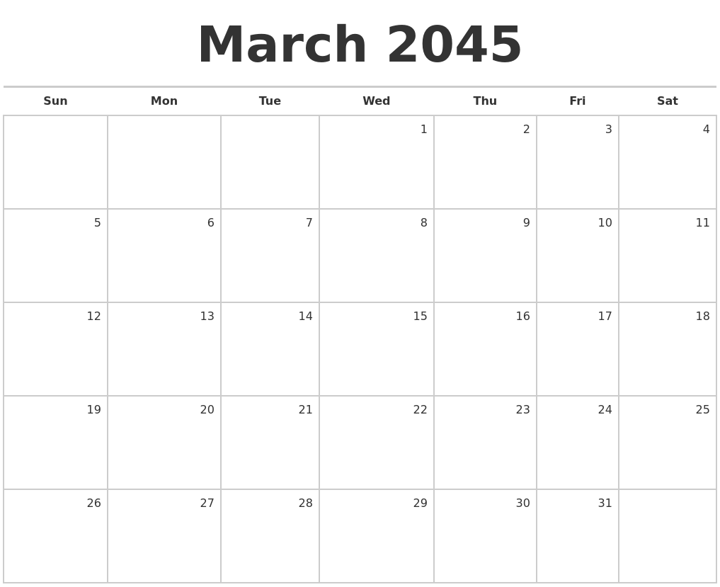 March 2045 Blank Monthly Calendar