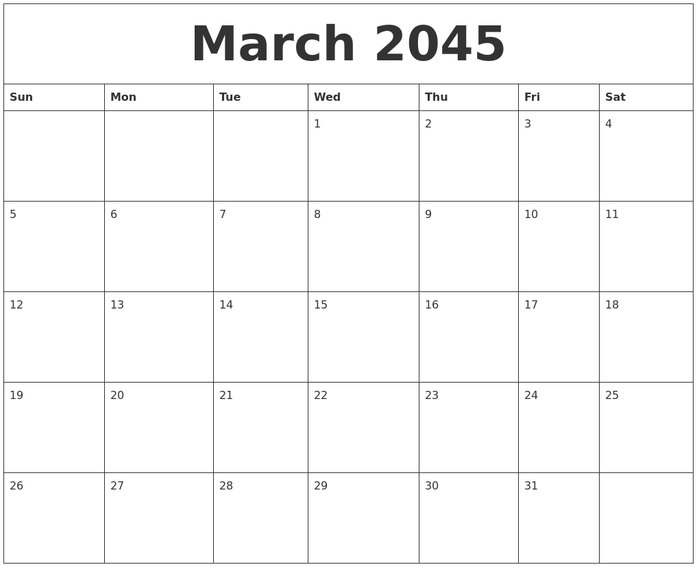 March 2045 Free Monthly Calendar Template