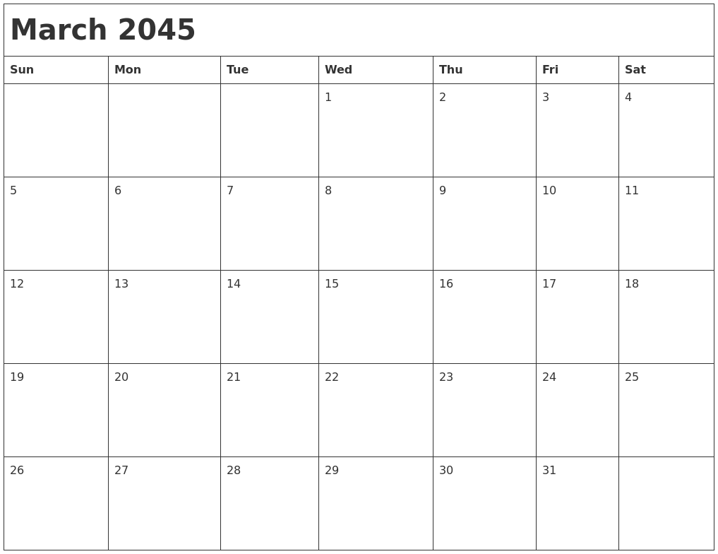 March 2045 Month Calendar