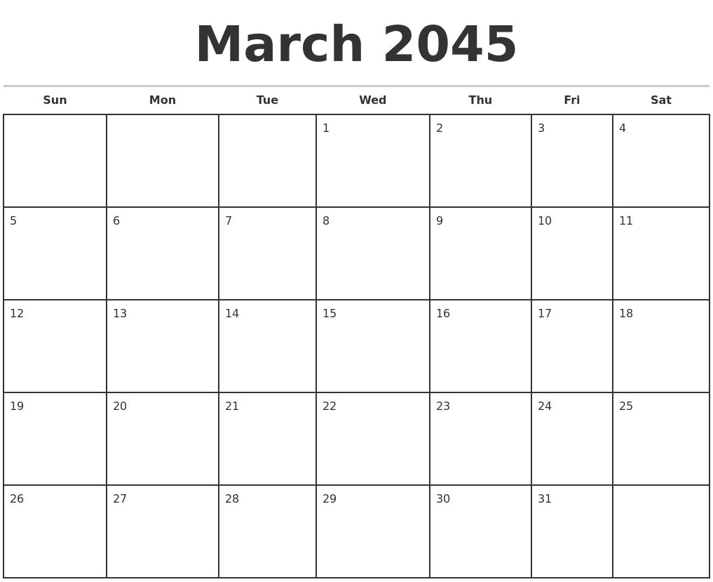 March 2045 Monthly Calendar Template