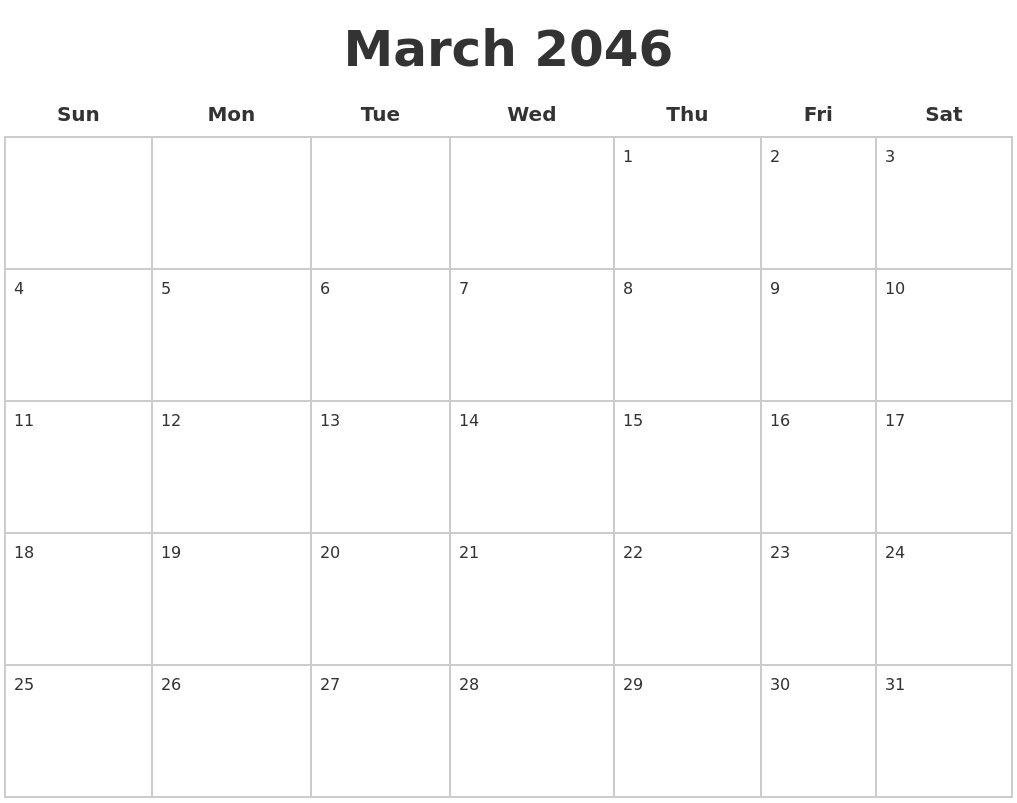 March 2046 Blank Calendar Pages