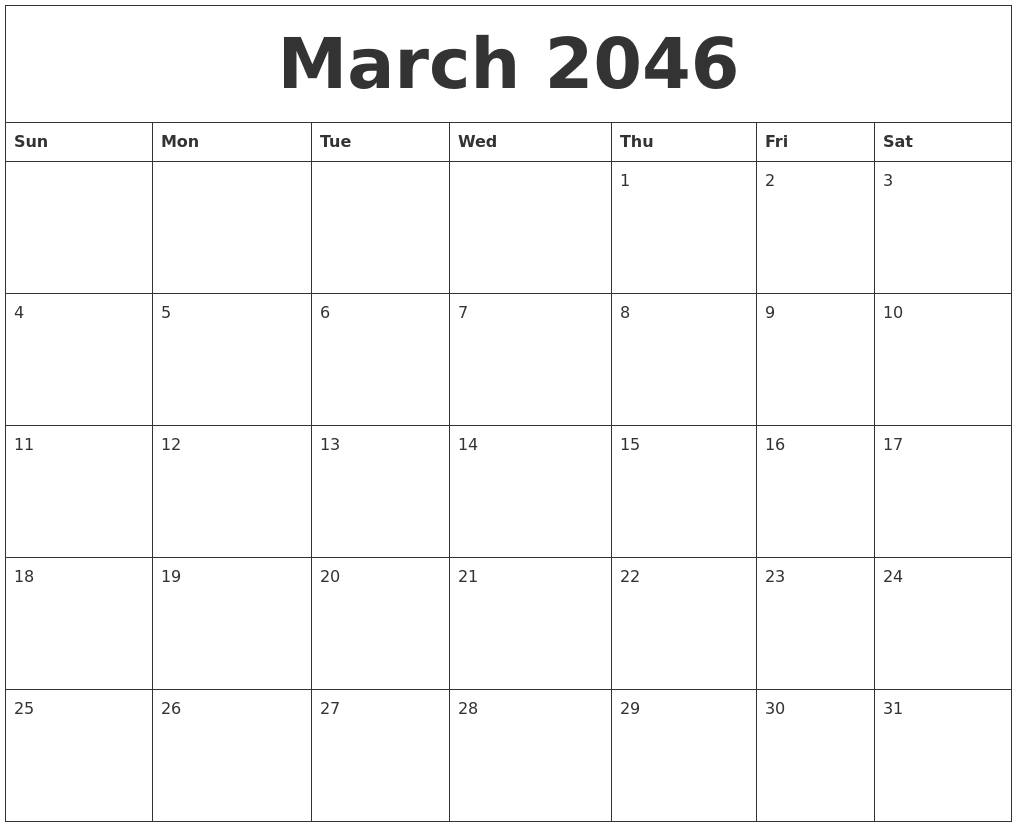 March 2046 Blank Calendar To Print