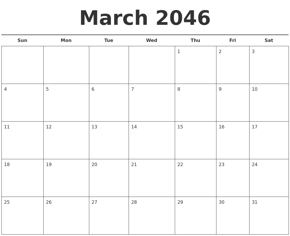 March 2046 Free Calendar Template