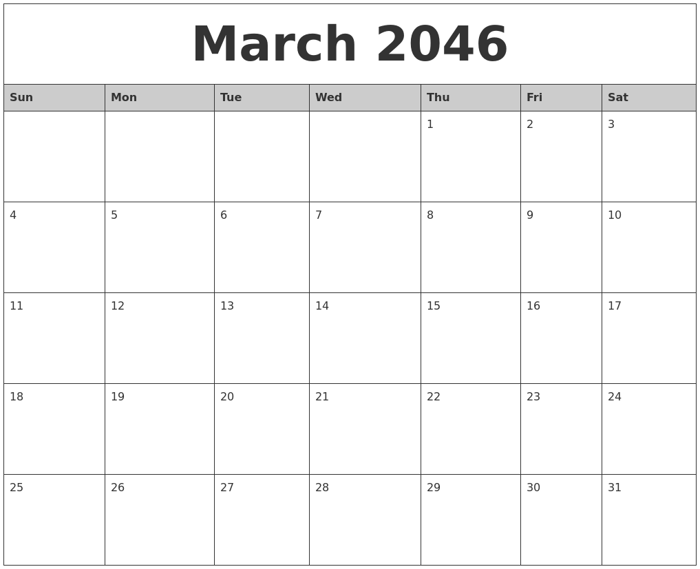 March 2046 Monthly Calendar Printable