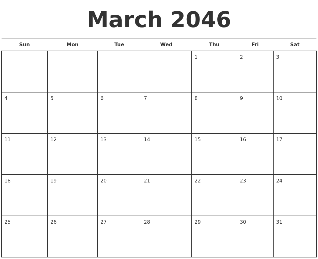 March 2046 Monthly Calendar Template