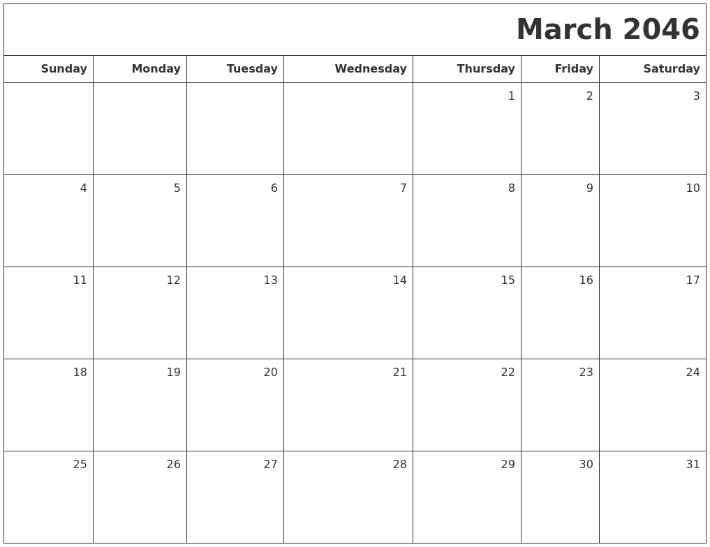 March 2046 Printable Blank Calendar