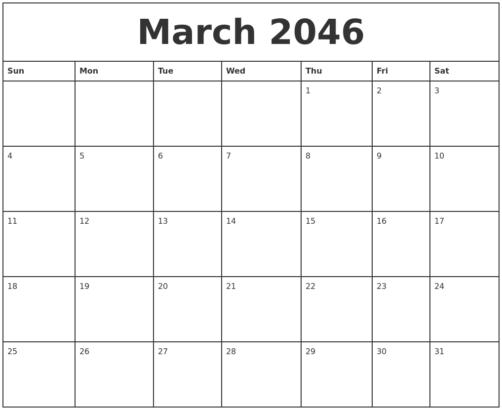 March 2046 Printable Monthly Calendar