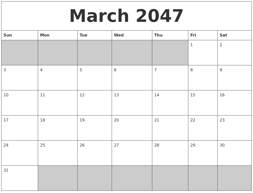 March 2047 Blank Printable Calendar