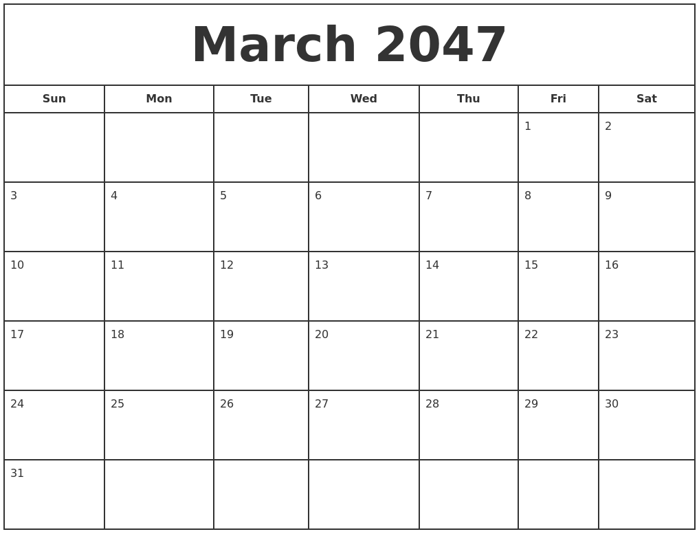 March 2047 Print Free Calendar