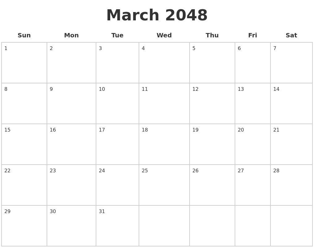 March 2048 Blank Calendar Pages