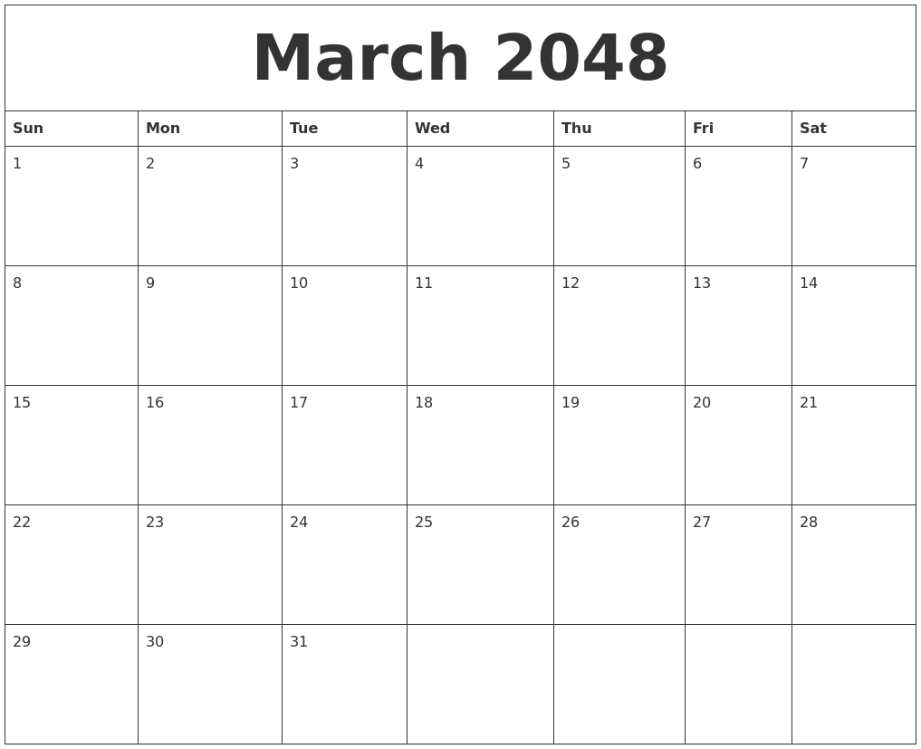 March 2048 Blank Monthly Calendar Pdf