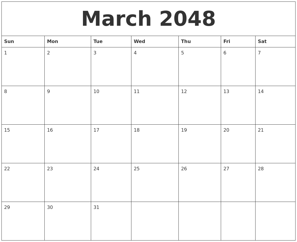 March 2048 Blank Monthly Calendar Template