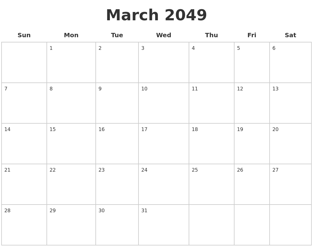 March 2049 Blank Calendar Pages