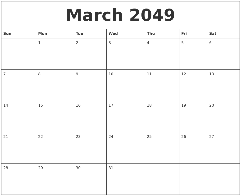 March 2049 Calendar Monthly