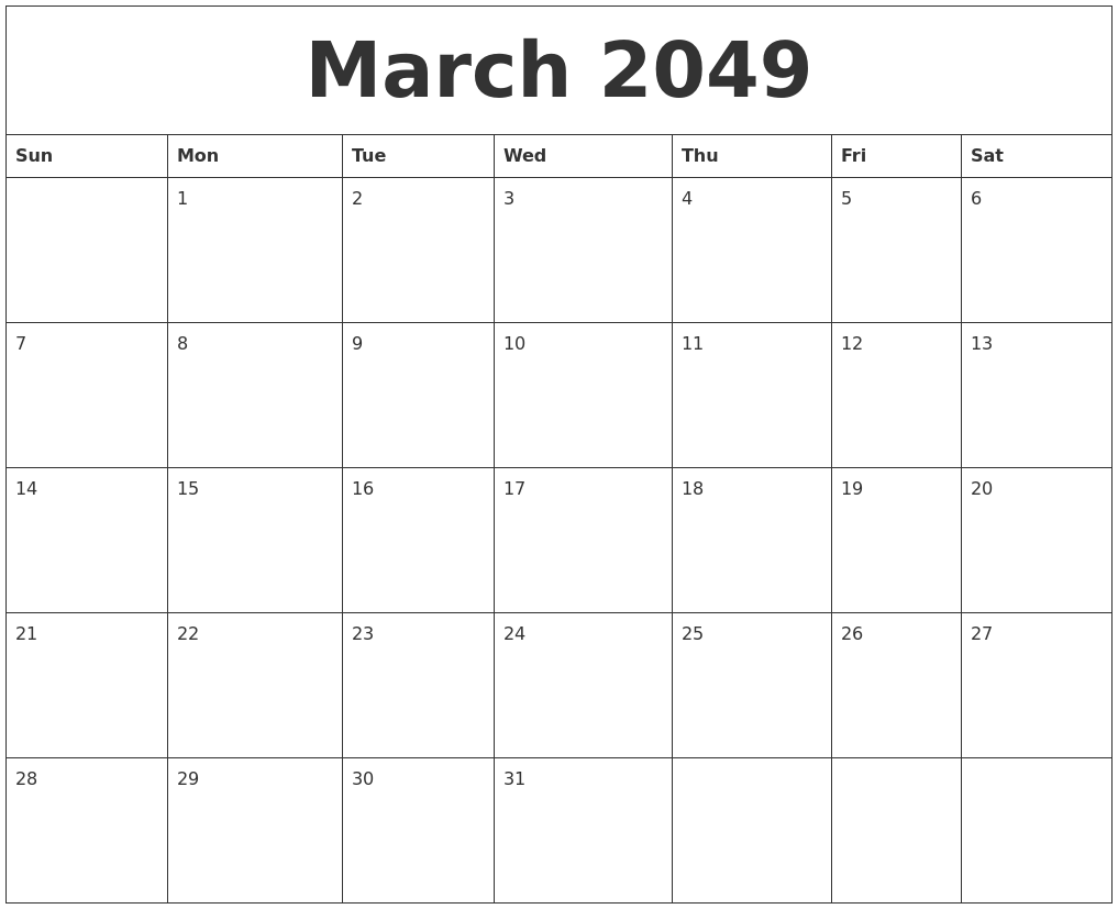 March 2049 Calendar Templates Free