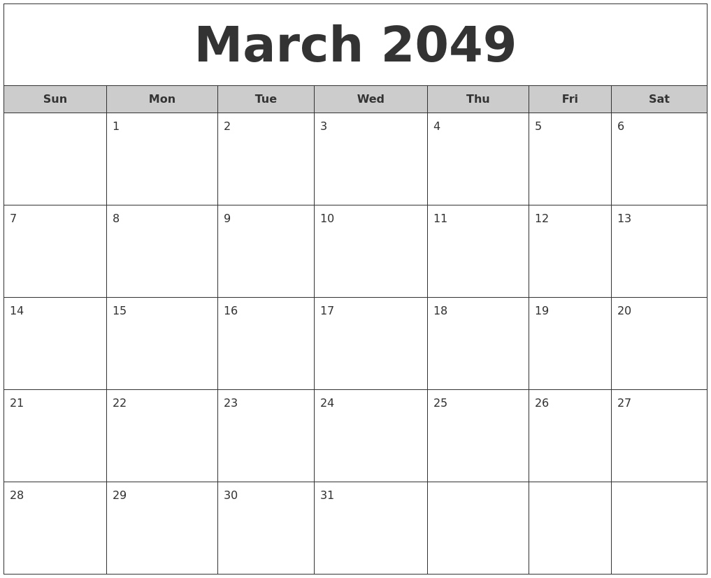 March 2049 Free Monthly Calendar