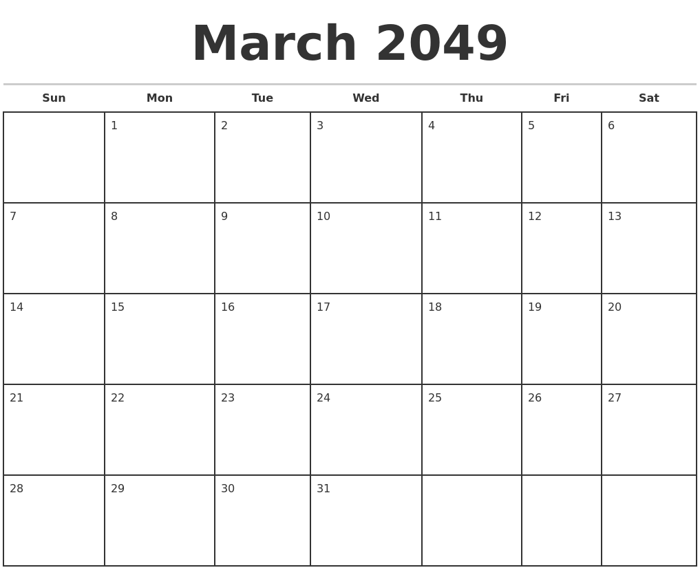 March 2049 Monthly Calendar Template