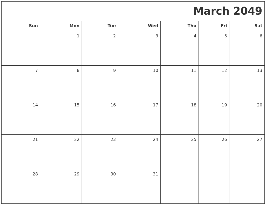 March 2049 Printable Blank Calendar