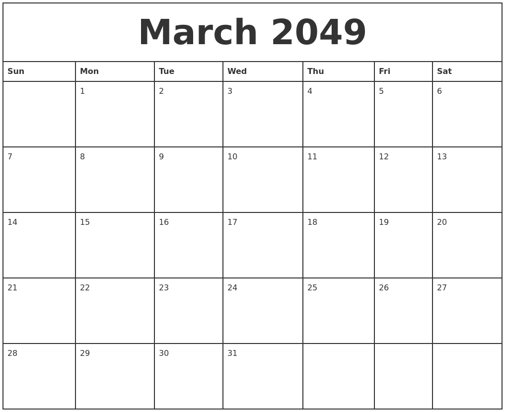 March 2049 Printable Monthly Calendar