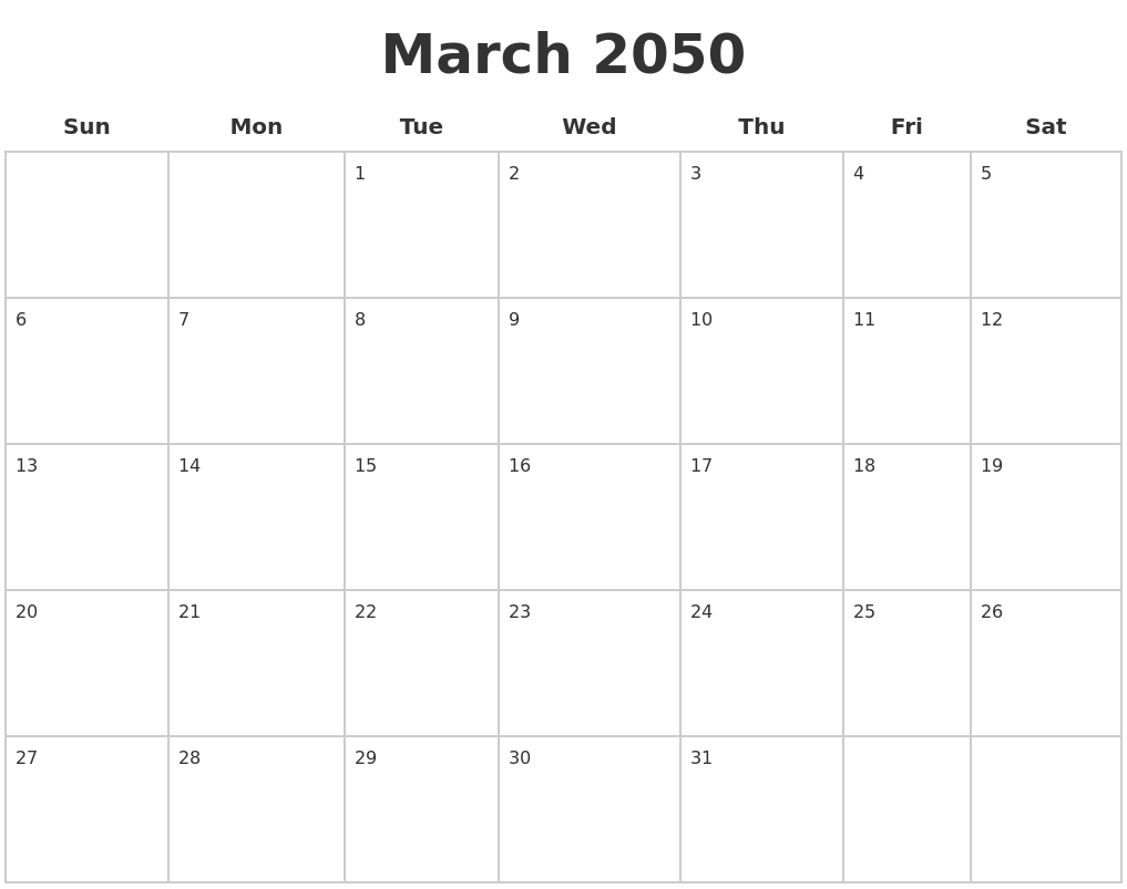 March 2050 Blank Calendar Pages