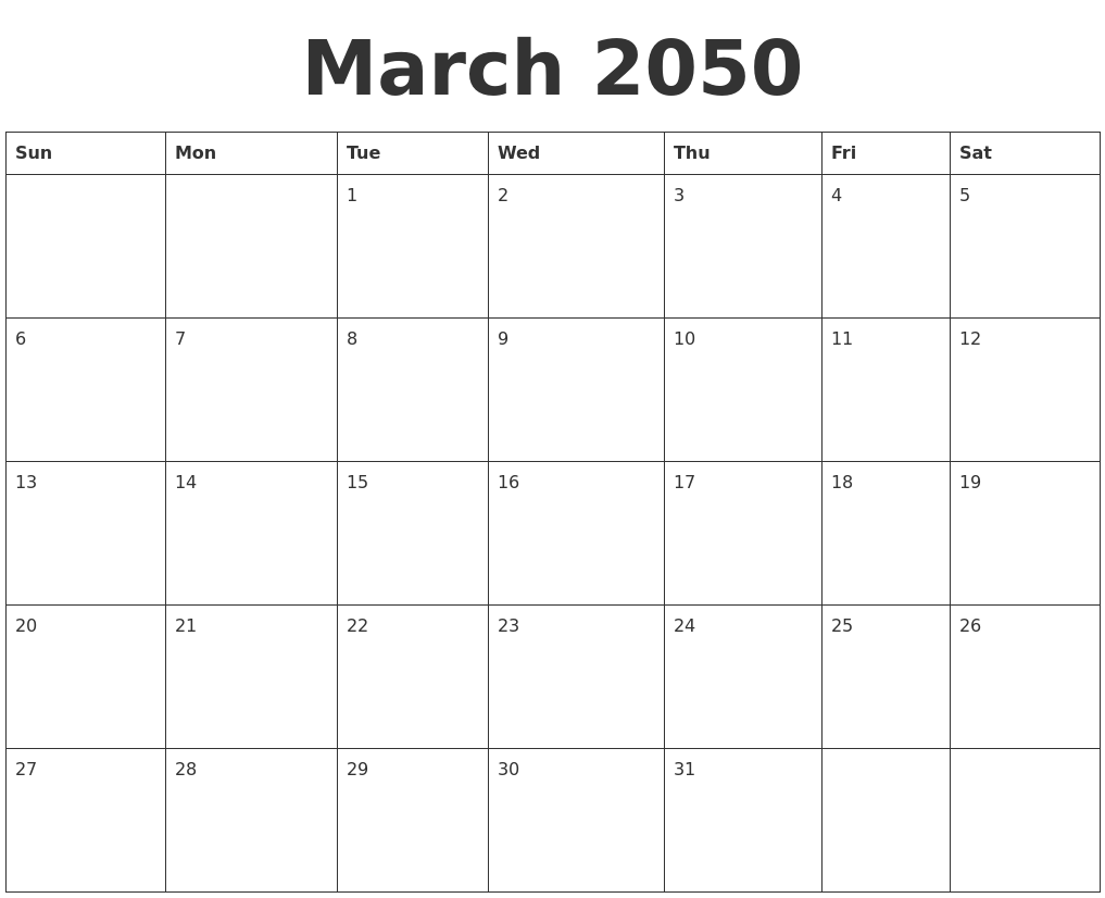 March 2050 Blank Calendar Template