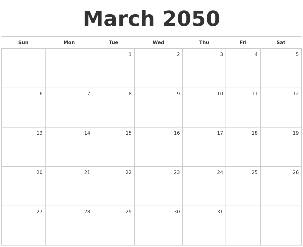 March 2050 Blank Monthly Calendar