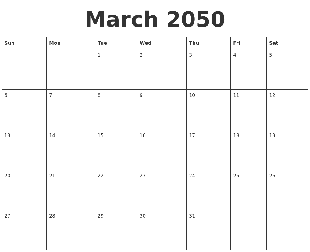 March 2050 Calendar Month