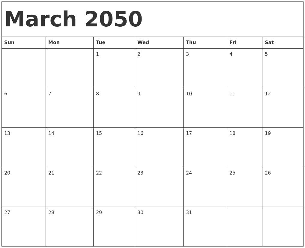 March 2050 Calendar Template