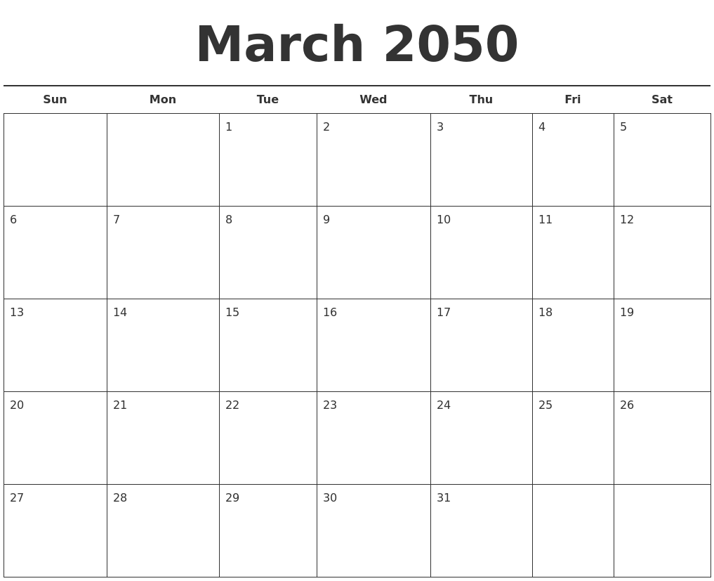 March 2050 Free Calendar Template