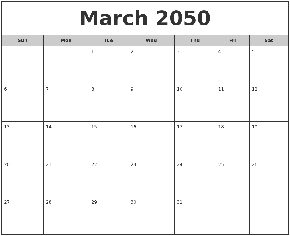 March 2050 Free Monthly Calendar