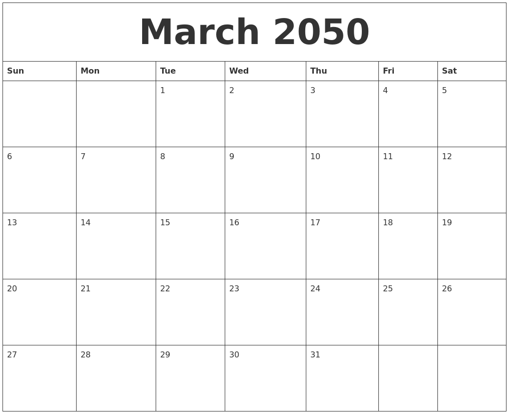 March 2050 Free Monthly Printable Calendar
