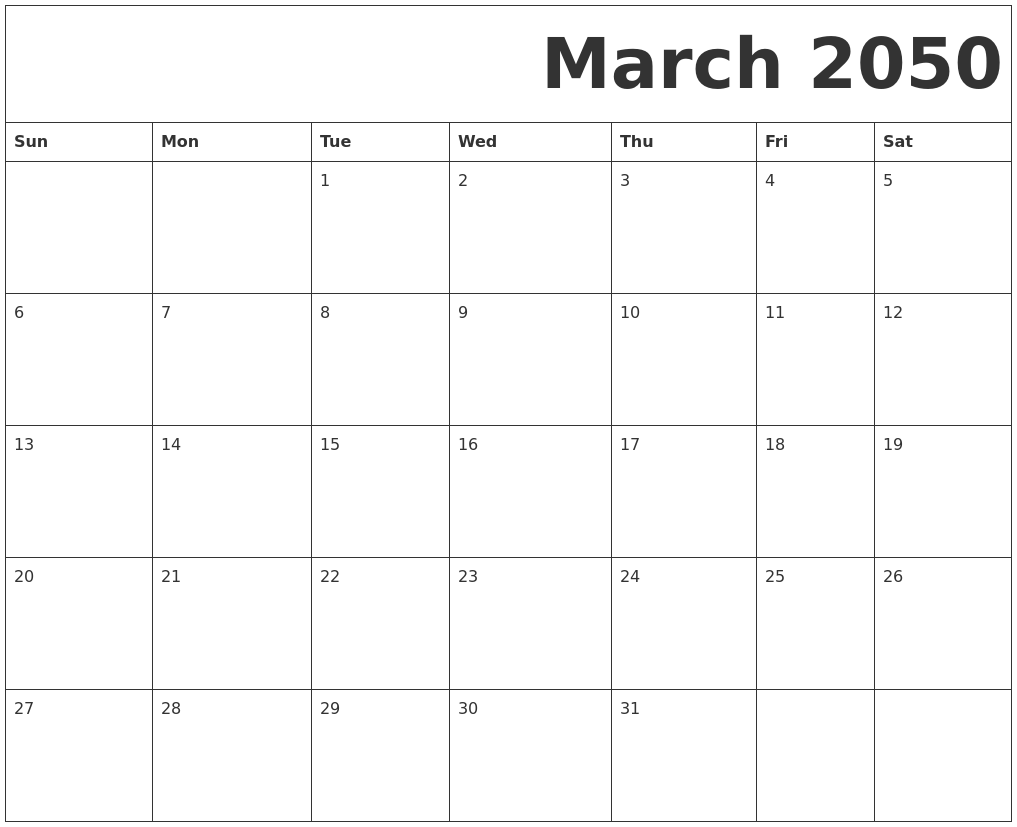March 2050 Free Printable Calendar